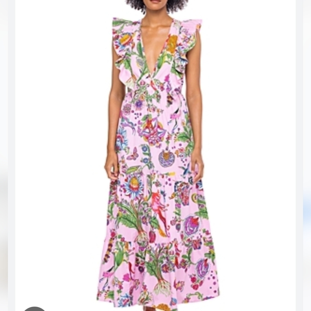 BANJANAN Orion Maxi Dress In Psychedelia Bonbon 6 Ruffle Sleeve Tiered Skirt